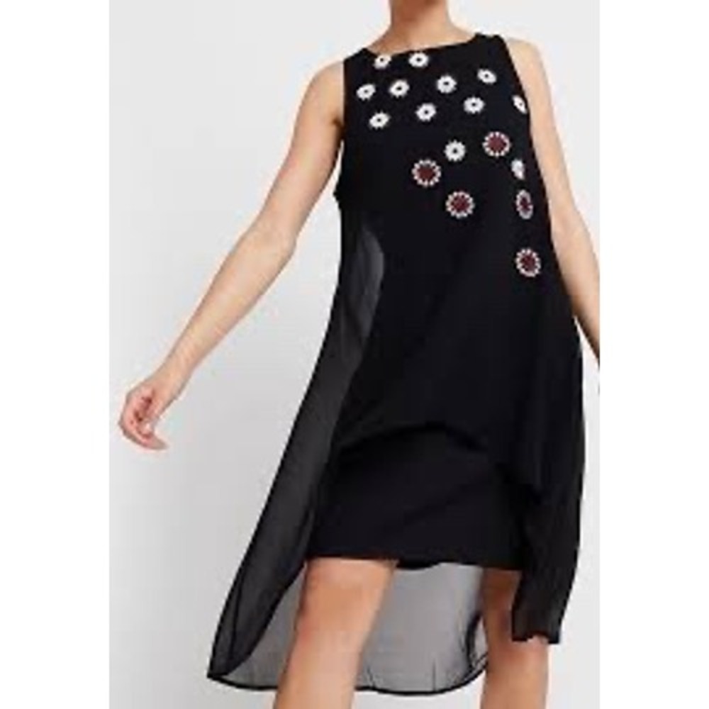 Desigual Black Floral Embroidered Layered High Low Sleeveless Dress Size 42
